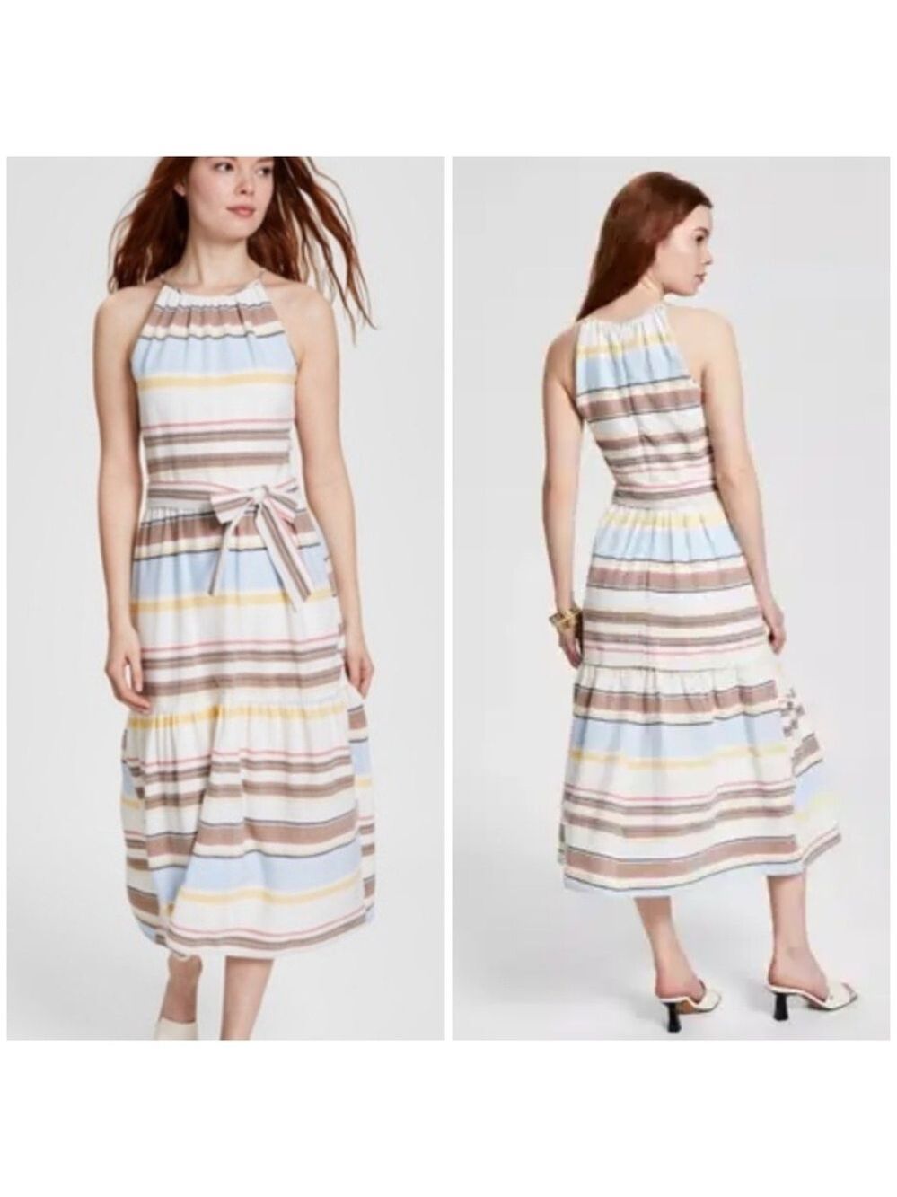 Dkny Tan and Blue Halter Maxi Sundress lined, 100 cotton SZ 12